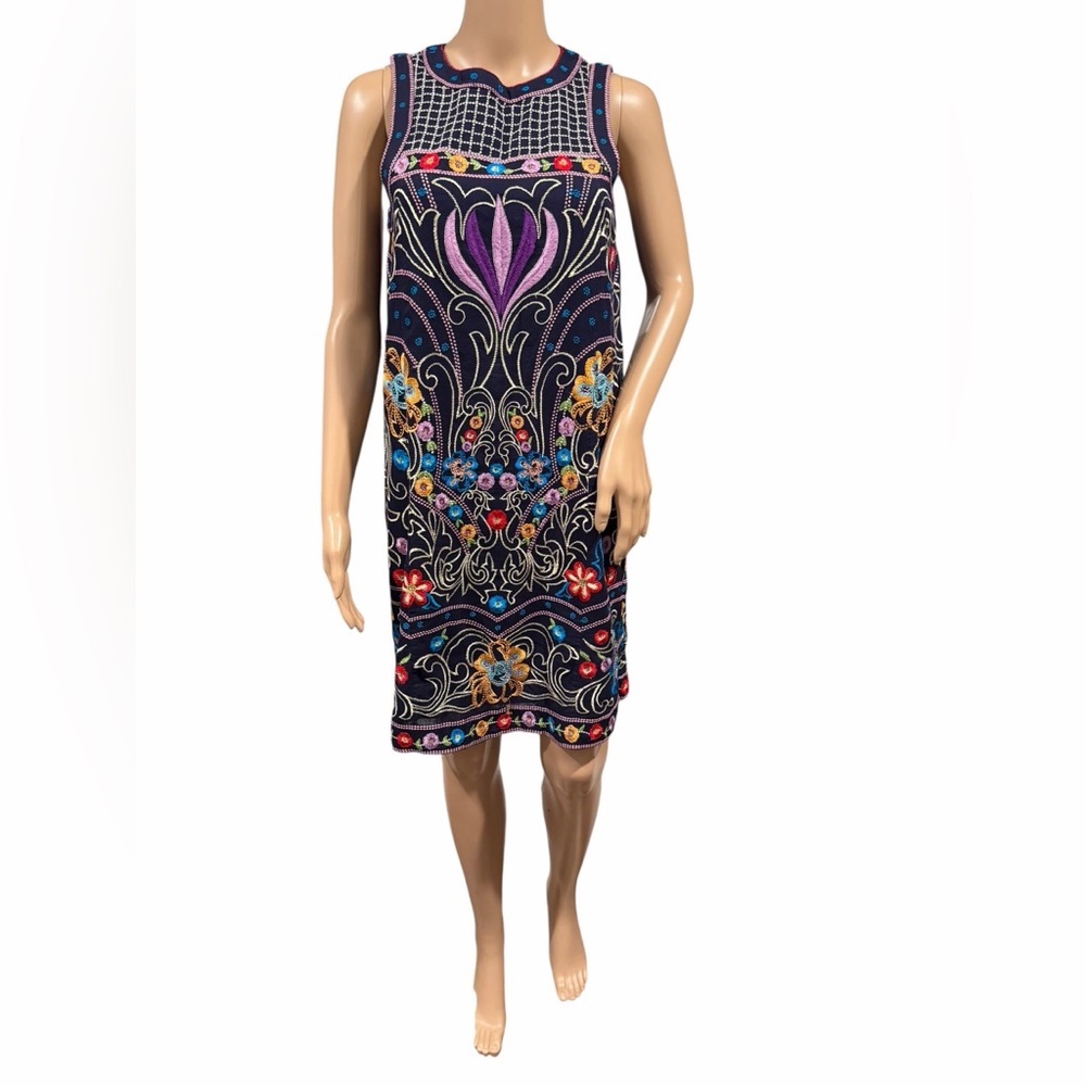Anthropologie Maeve Womens Kira Navy Floral Embroidered Tunic Dress Size 0